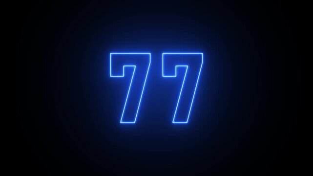 Neon number 77 in bright pink glowing on a dark background seventy-seven numeral