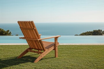 Wooden insect-shaped chair placed on lawn with water views