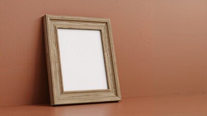 Fototapeta premium 3D vertical image showing an empty wooden picture frame leaning on a wooden shelf.