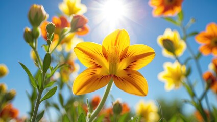 Sunlit vibrant yellow and orange flower display