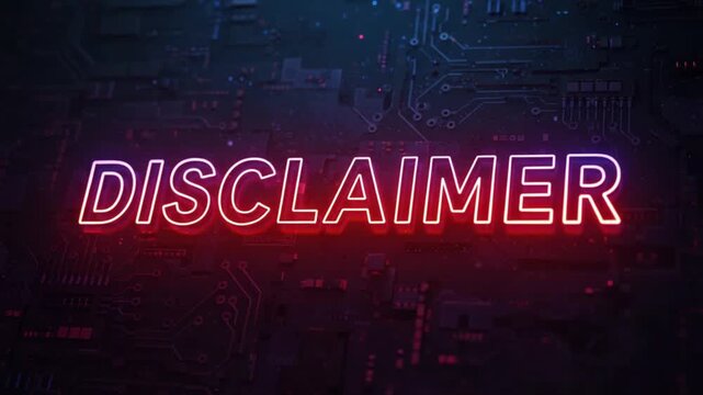Neon 'Disclaimer' signage glowing against dark techno backdrop, legal notice visual