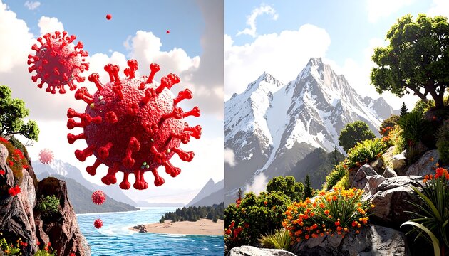 Virus and mountain landscape digital art