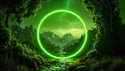 Lush green forest framing a glowing green circle, revealing a nocturnal mountain landscape