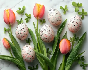 Easter-themed arrangement of tulips and decorated eggs on a marble surface