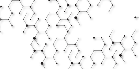 Abstract molecular structure pattern with connected hexagons and black dots on white background, scientific chemistry network concept, modern vector design for biotech, medicine, research, and tech.