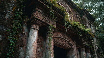 Naklejka premium Ancient stone temple entrance surrounded by lush green vines and foliage under a cloudy sky, designed with intricate carvings and weathered textures highlighting nature's reclaim.