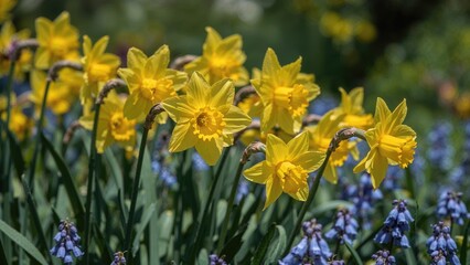 Obraz premium Bright yellow daffodils mixed with deep blue muscari blossoming in a garden