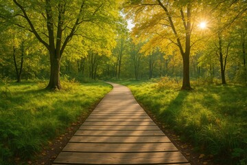 Fototapeta premium Timber trail meandering in dense forest