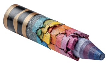 Close up of a colorful broken crayon with rainbow layers on a black studio background on transparent background