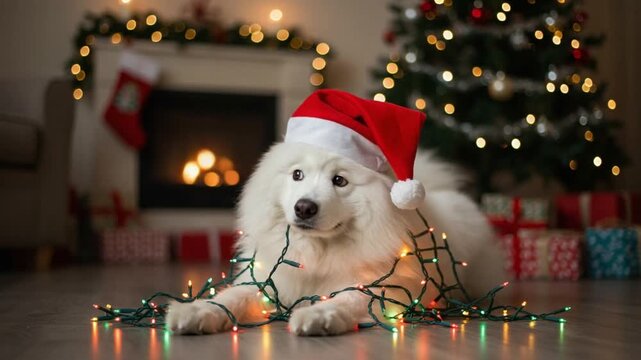 White dog tangled in Christmas lights, humorous festive pet portrait with glowing decor
