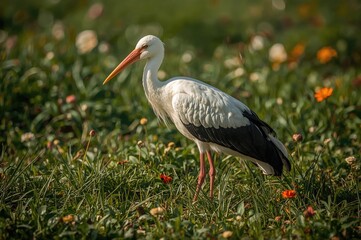 Fototapeta premium Garden scene with a white stork