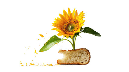 A sunflower sprouts from a slice of toast doing jumping jacks, symbolizing energized mornings and blooming motivation, on white background. png