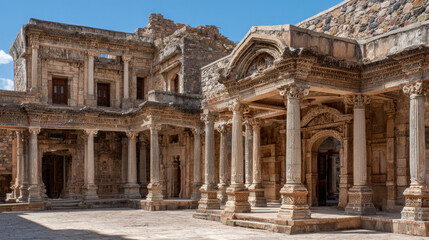 Obraz premium Ancient stone buildings with ornate columns and intricate carvings nestled within a historic courtyard under a clear blue sky and soft sunlight illuminating the architecture.