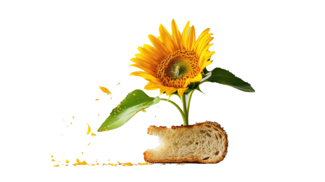 A sunflower sprouts from a slice of toast doing jumping jacks, symbolizing energized mornings and blooming motivation, on white background. png