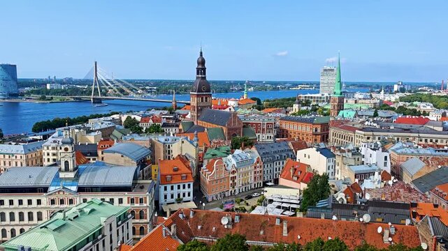 Riga old town. Aerial 4K drone video footage. Panoramic view of Latvia capital city center