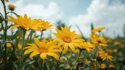 Summer day close-up of vibrant yellow flowers growing in a garden