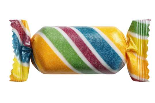 Colorful striped candy wrapped in cellophane against a is visually appealing on transparent background