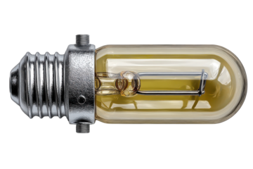 Close up of a vintage light bulb with a metal base and a yellow tinted glass casing on transparent background