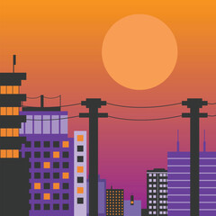 Sunset City Illustration Vector Design Simple For Wallpaper Aesthetic