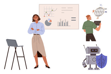 Professional woman with charts, man reviewing global data on tablet, AI robot with a security shield. Ideal for business growth, data analysis, technology, cybersecurity, global strategy, innovation