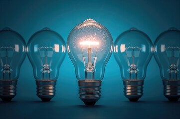 Among several unlit incandescent bulbs, the single glowing one captures attention with its shiny surface, symbolizing innovation and individuality in business.