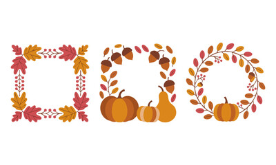 Autumn Leaves and Pumpkins Frames Set  Square, Rounded Rectangle, and Circle Wreath Borders  Minimal Flat Vector on White, easily editable and scalable.