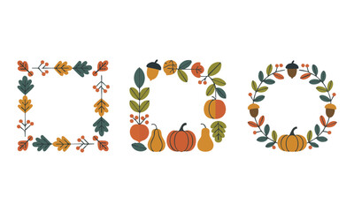 Autumn Leaves and Pumpkins Frames Set  Square, Rounded Rectangle, and Circle Wreath Borders  Minimal Flat Vector on White, easily editable and scalable.