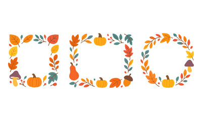 Autumn Leaves and Pumpkins Frames Set  Square, Rounded Rectangle, and Circle Wreath Borders  Minimal Flat Vector on White, easily editable and scalable.