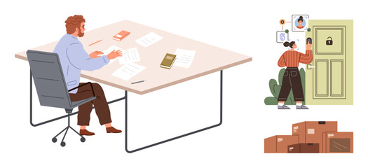 Man seated organizing paperwork on desk woman interacting with smart lock and security interface by door stack of cardboard boxes in foreground. Ideal for remote work, office setup, security