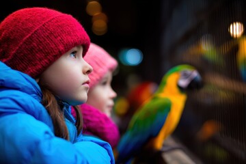 Two children in colorful winter attire gaze in awe at vibrant parrots in a lively aviary setting
