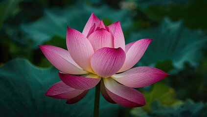 Large pink lotus flowers with multiple layered curved petals on a tall bush