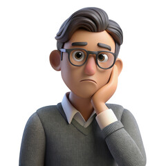 3d sad cartoon man with glasses isolated on transparent background