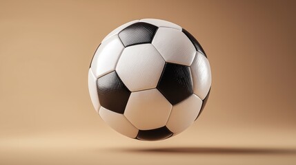 Naklejka premium A soccer ball with black and white stripes is floating in midair