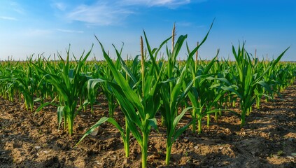 Fototapeta premium Fresh green corn sprouts thriving in agricultural land under clear skies.