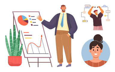 Man in formal attire explains pie chart, line graph on easel. Beside him, a colleague brainstorms with flowchart, plus a female portrait illustration. Ideal for business, teamwork, leadership