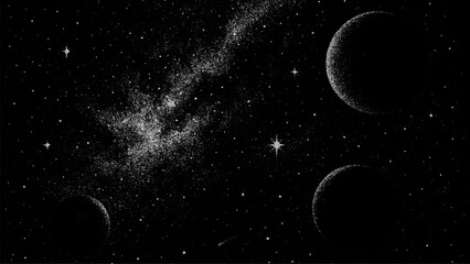 Grainy black and white universe illustration with planets, stars, and milky way. Outer space background. Cosmic adventure concept for science material. © hiten666