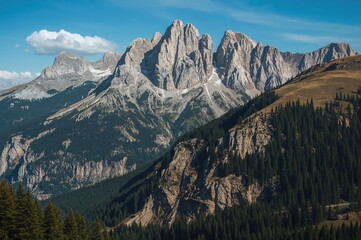 Fototapeta premium Scenic mountain range featuring towering cliffs, exposed rock faces, and extensive valleys, encircled by thick evergreen woods.
