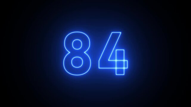 Illuminated pink neon number 84 with geometric accents on a dark black background eighty four numeral
