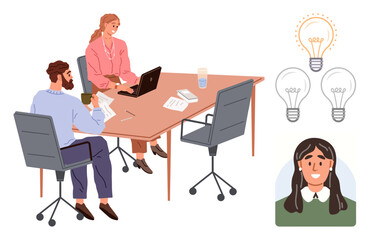 Business team discussing work at a table with laptops and documents, showing brainstorming. Ideal for teamwork, collaboration, creativity, innovation, productivity, business meeting, problem-solving