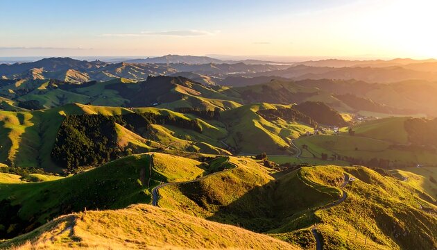 Scenic vista of rolling hills at sunset - Powered by Adobe
