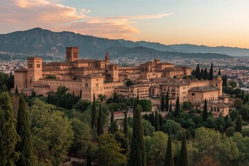 Obraz premium Sunset panorama from a famous lookout offering breathtaking views of a historic fortress surrounded by mountains and architecture