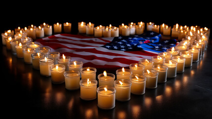Candlelight vigil with rows of glowing candles forming shape of U.S. flag, copy space above.