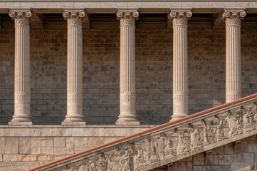 Naklejka premium Lateral perspective of an elegant corridor featuring multiple columns and a copper-hued stair railing in the foreground, showcasing patterns and abstract architectural design elements
