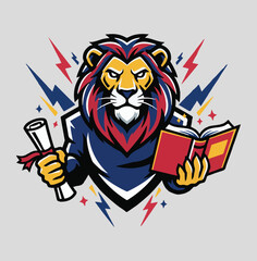 Modern Lion Mascot College Design, Bold Academic Mascot T-Shirt, Colorful College Mascot Illustration, University Spirit Mascot Vector