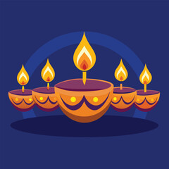 Traditional Oil Lamps with Burning Flames on Blue Background – Diwali Festival Illustration