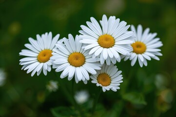 Detailed view of lively white daisies featuring bright yellow cores in peak bloom, surrounded by a soft-focus green backdrop emphasizing natural freshness and floral elegance