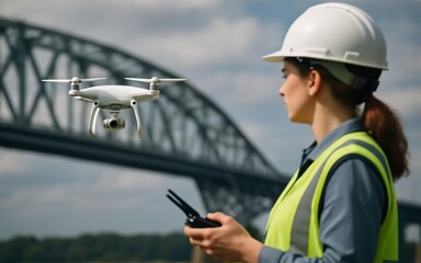 White quadcopter drone inspecting bridge structure with female engineer in safety vest observing flight