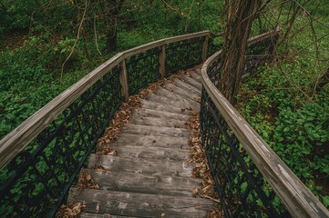 Obraz premium Vintage wooden steps featuring dark metal balusters in a garden setting