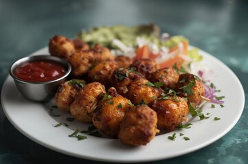 Grilled Mushroom Tikka with Green Chutney and Ketchup on a Plate