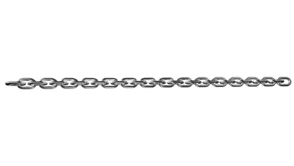 Straight silver metal chain isolated on transparent background, strong steel links in horizontal alignmen